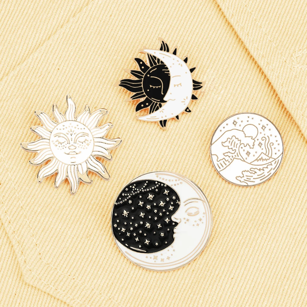 Black White Moon Star Sun Enamel Pins Brooch