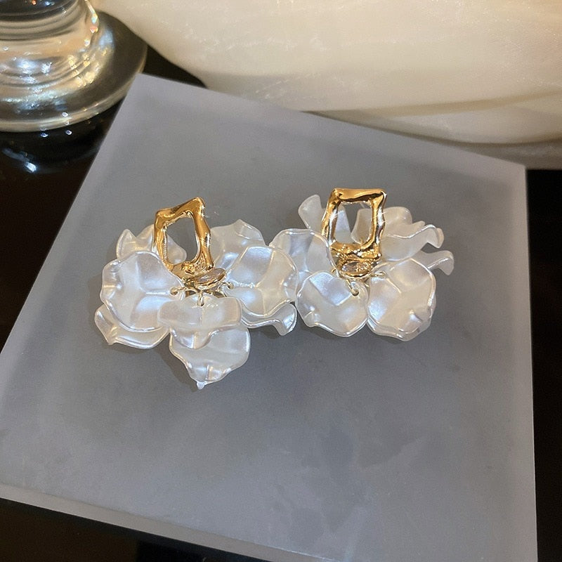 White Pearl Flower Petal Earrings