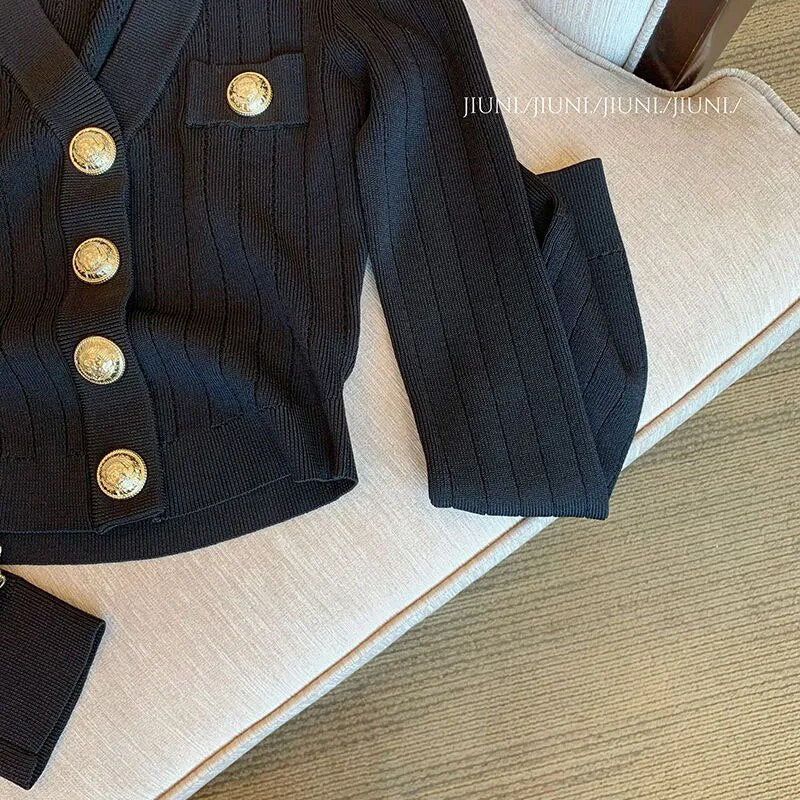 French Gold Button Long-Sleeved Black Cardigan