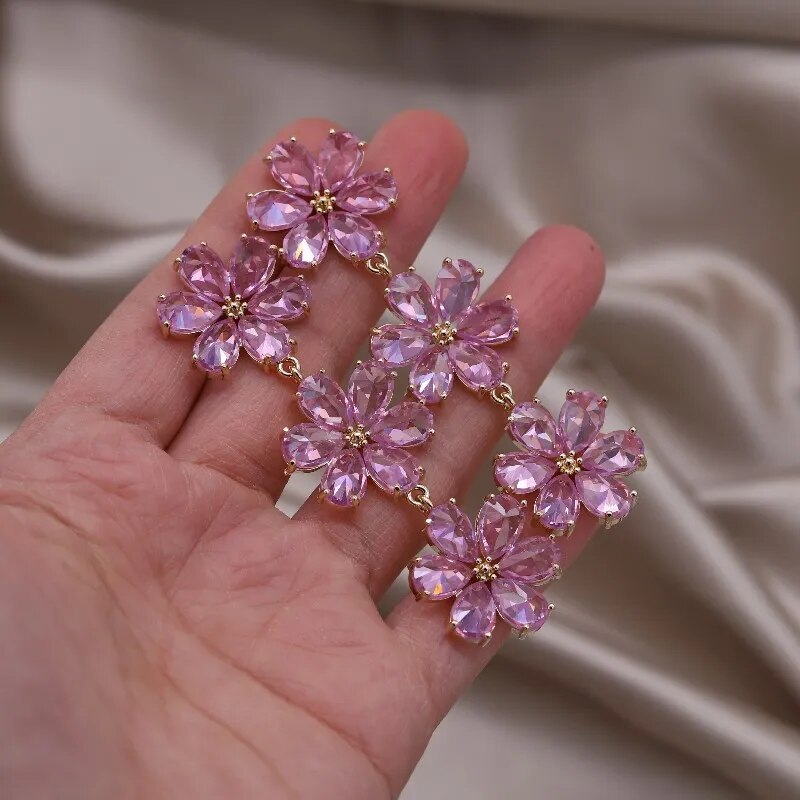 zircon flower earrings (pink/silver)