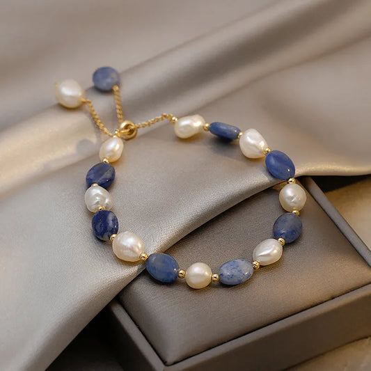 Blue Jade Stone & Baroque Freshwater Pearl Bracelet