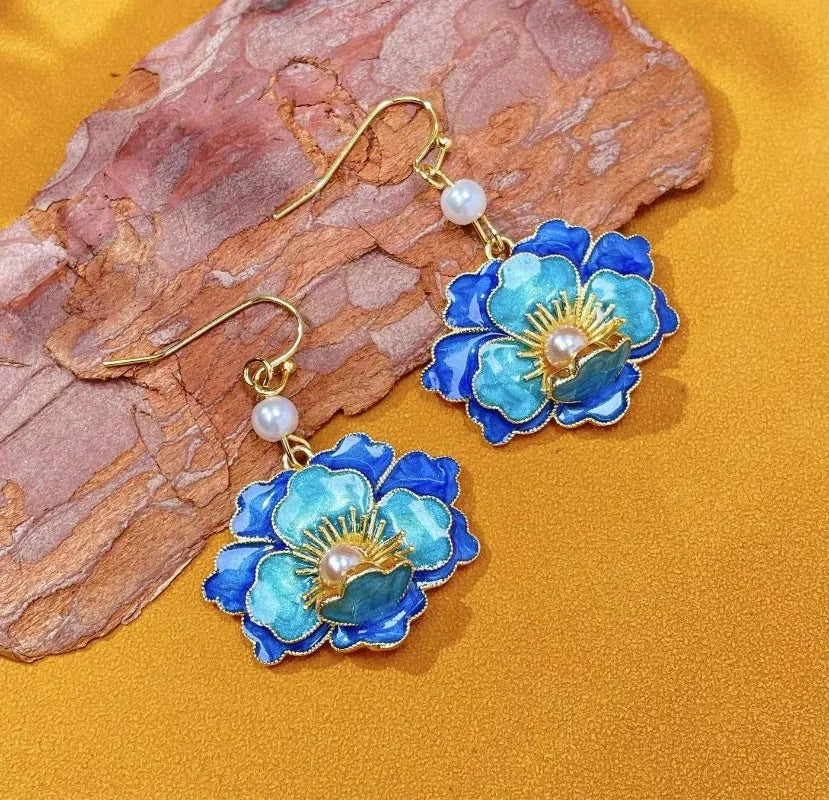 Cloisonné Enamel Vintage Flower Pearl Earrings