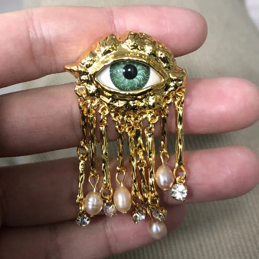 Vintage Gold Powerful Eye with Pearls Brooch