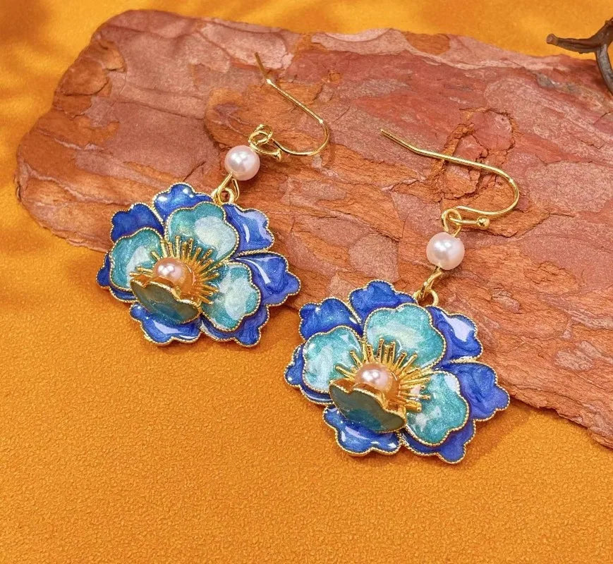 Cloisonné Enamel Vintage Flower Pearl Earrings