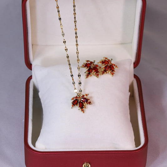 Red Maple Leaf Necklace and Earrings