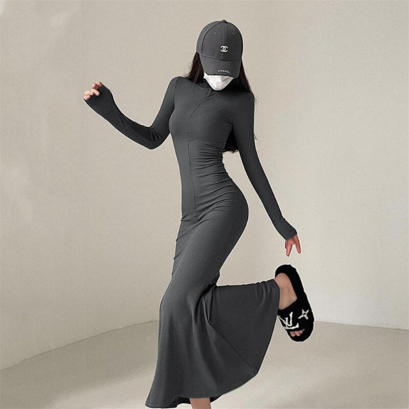 Long Sleeve Zipper Collar Mermaid Dress (Black/Grey)