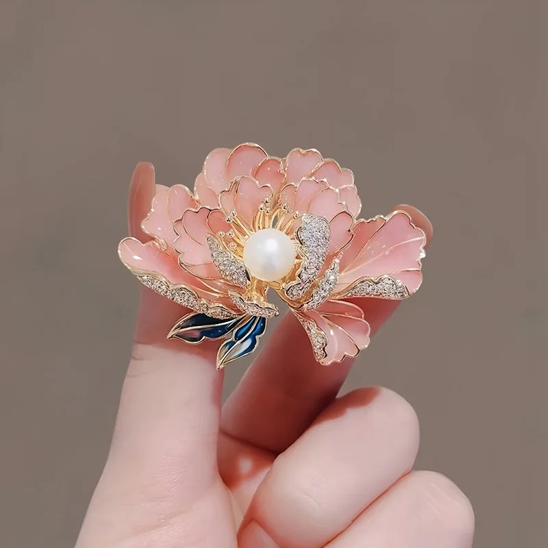 Elegant Pearl Peony Flower Brooches