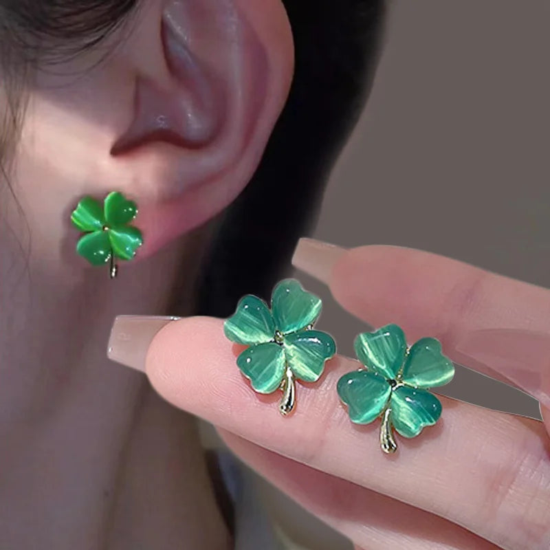 Green Opal Four Leaf Clover Earrings