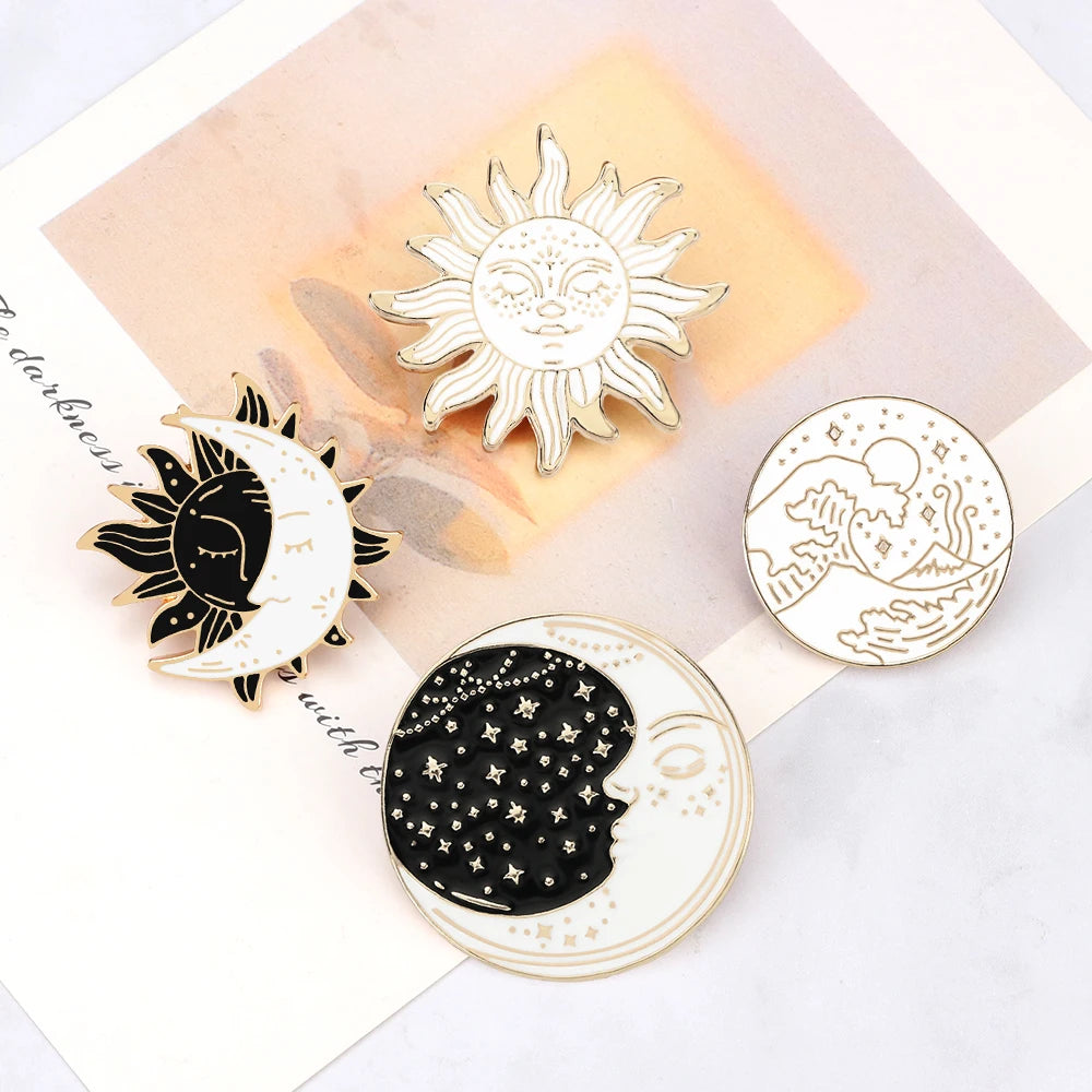 Black White Moon Star Sun Enamel Pins Brooch