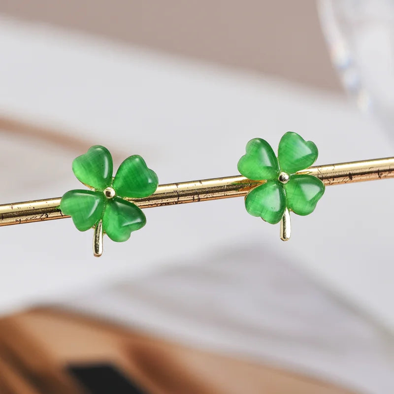 Green Opal Four Leaf Clover Earrings