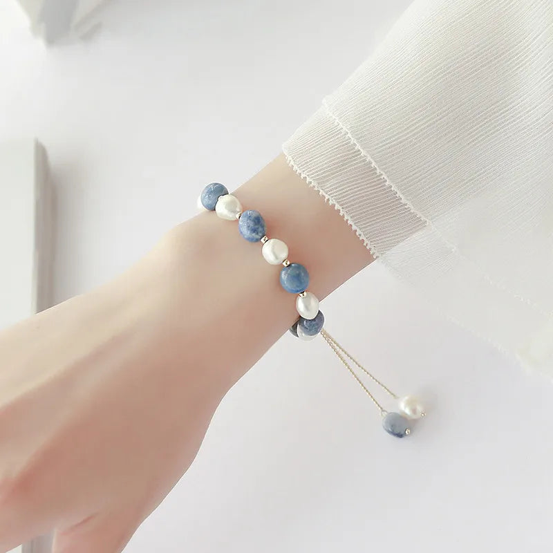 Blue Jade Stone & Baroque Freshwater Pearl Bracelet