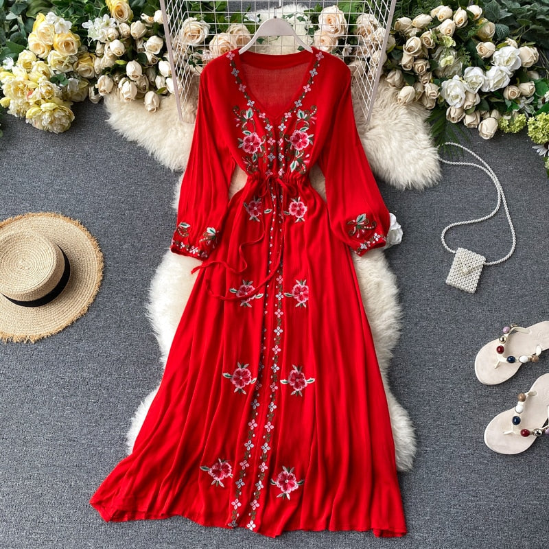 Embroidered V-neck Lantern Sleeve Dress (4 colors)