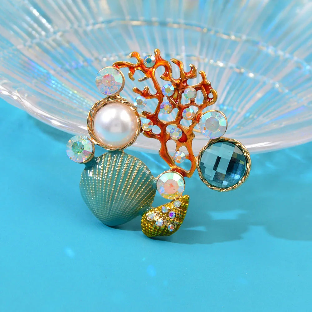 Ocean Coral Reef Pearls and Shells Brooch