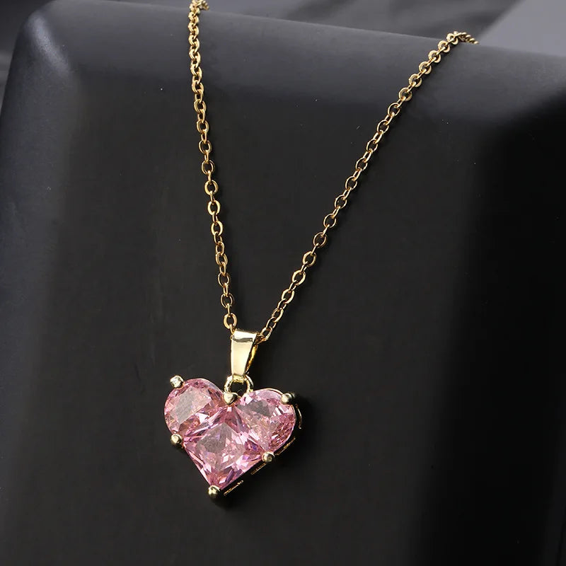 Cute Pink Heart Necklace Earrings Set