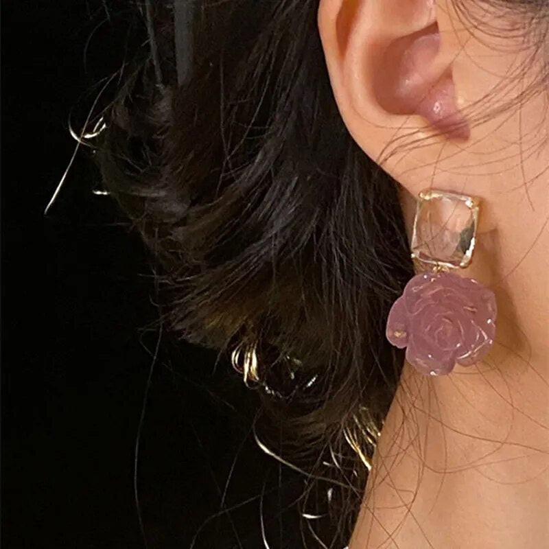 Crystal Pink Rose Earrings