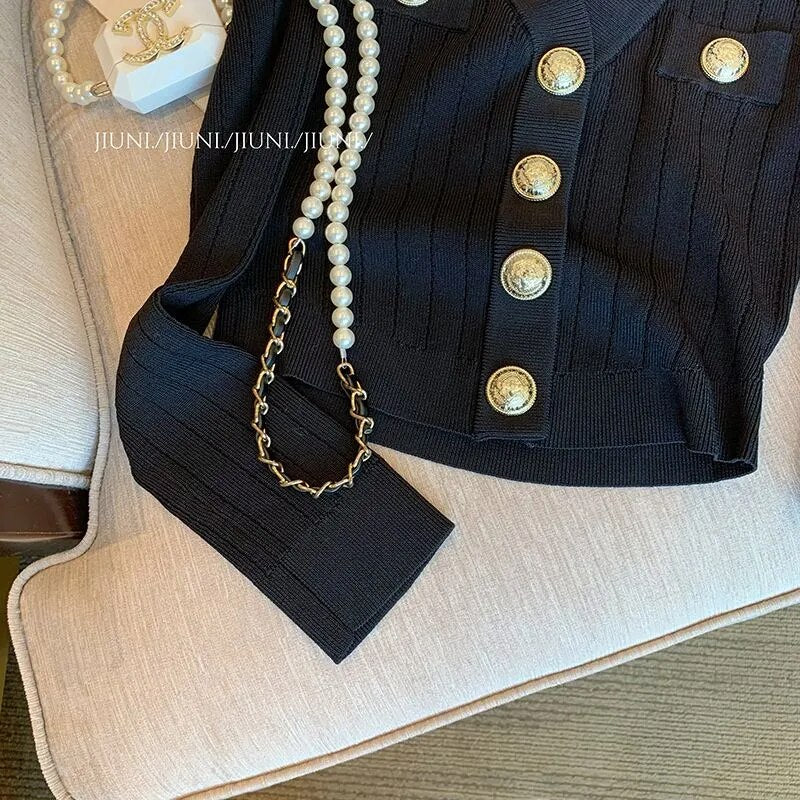 French Gold Button Long-Sleeved Black Cardigan