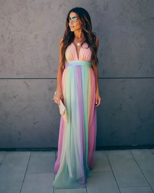 Deep V-neck Rainbow Mesh Dress