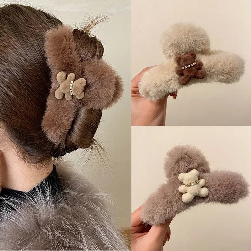 Cute Teddy Bear Plush Hair Claw Clip