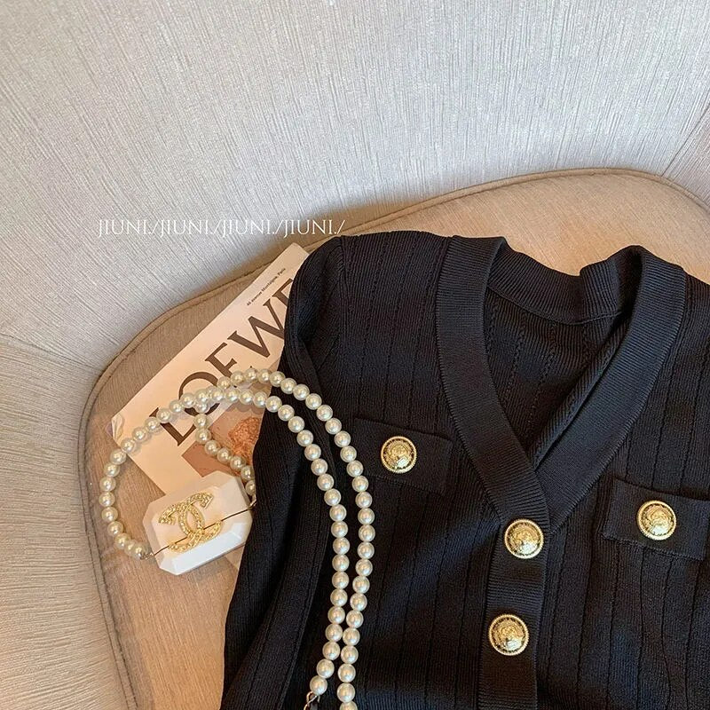 French Gold Button Long-Sleeved Black Cardigan