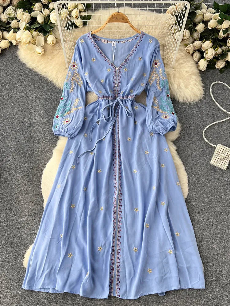 Lace Up Lantern Sleeve Embroidery Dress (6 colors)