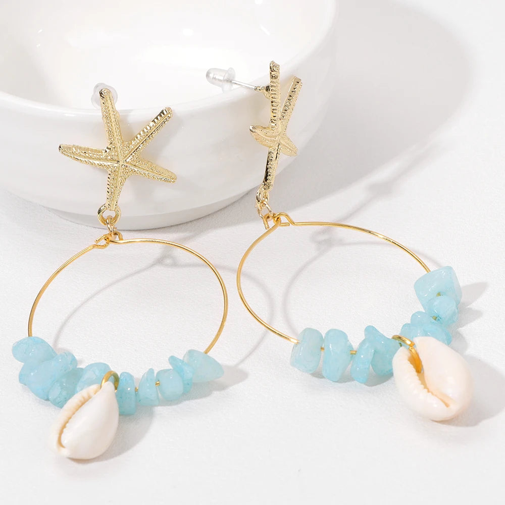 Ocean Sea Shell Starfish Natural Crystal Earrings