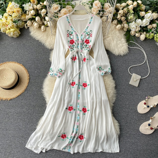 Embroidered V-neck Lantern Sleeve Dress (4 colors)