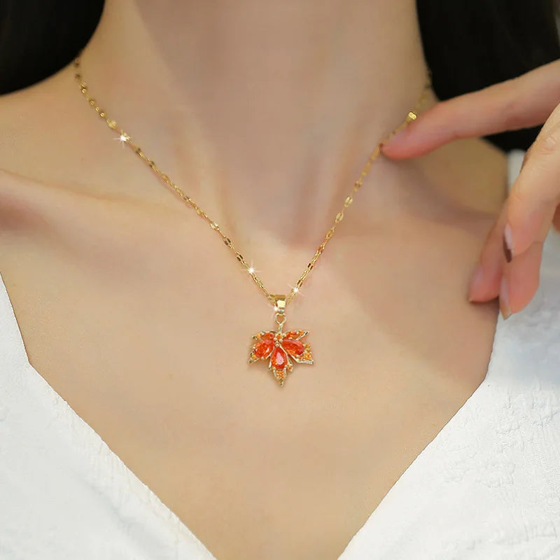 Crystal Maple Leaf Pendant Necklaces