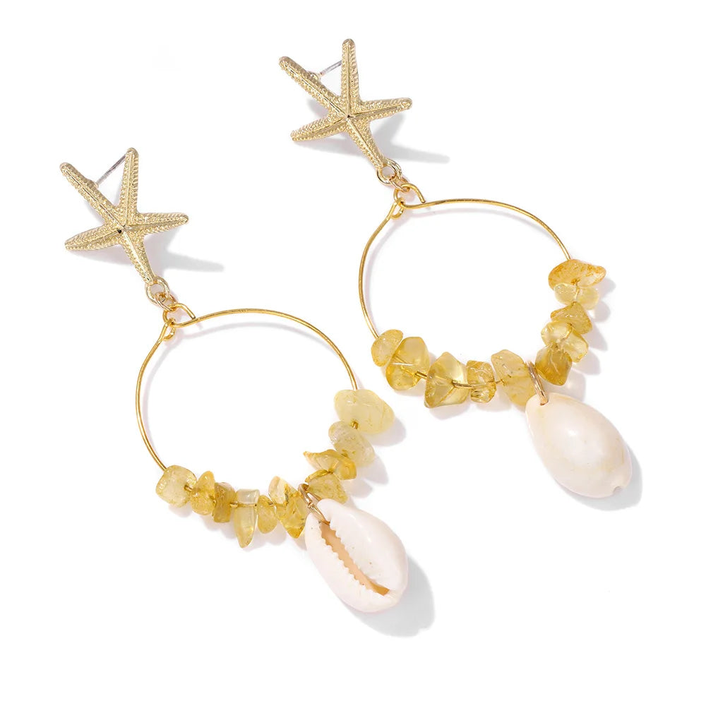 Ocean Sea Shell Starfish Natural Crystal Earrings