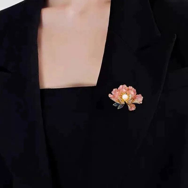 Elegant Pearl Peony Flower Brooches