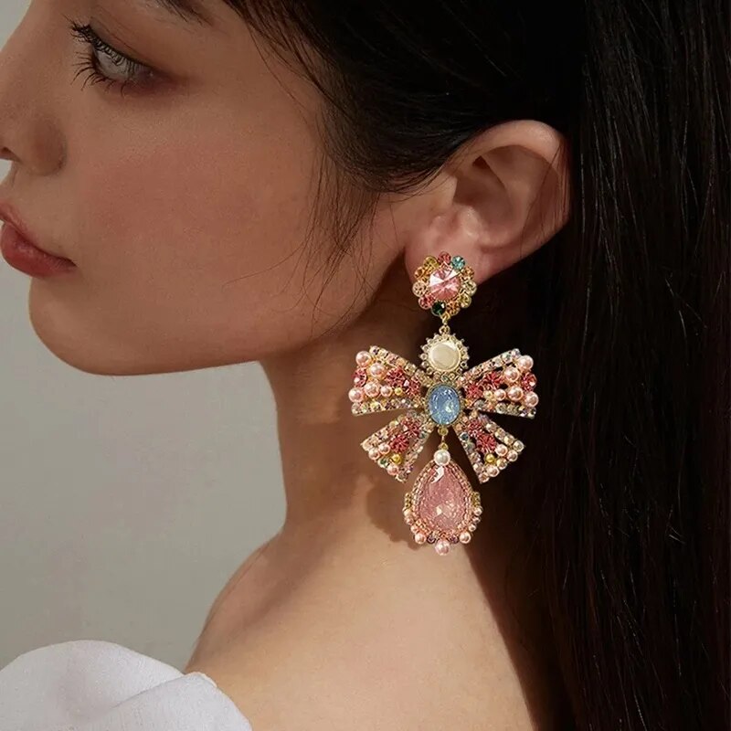 Luxury Pink Rhinestone Bowknot Earrings