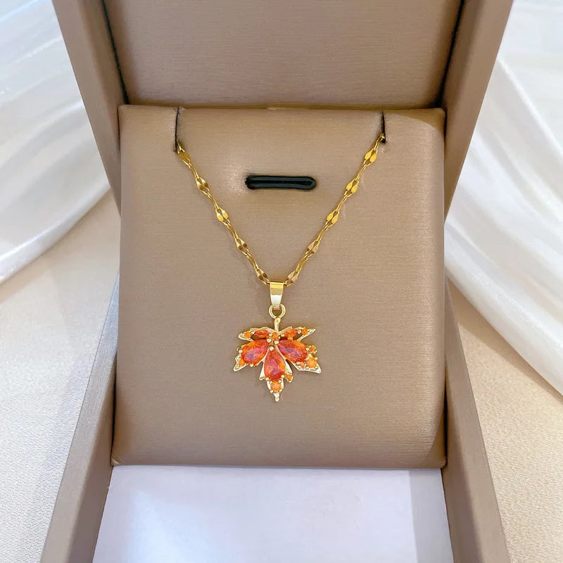 Crystal Maple Leaf Pendant Necklaces