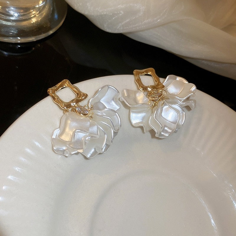 White Pearl Flower Petal Earrings