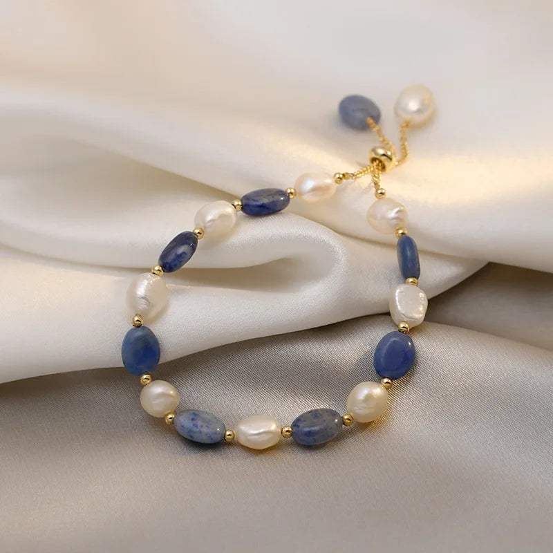 Blue Jade Stone & Baroque Freshwater Pearl Bracelet