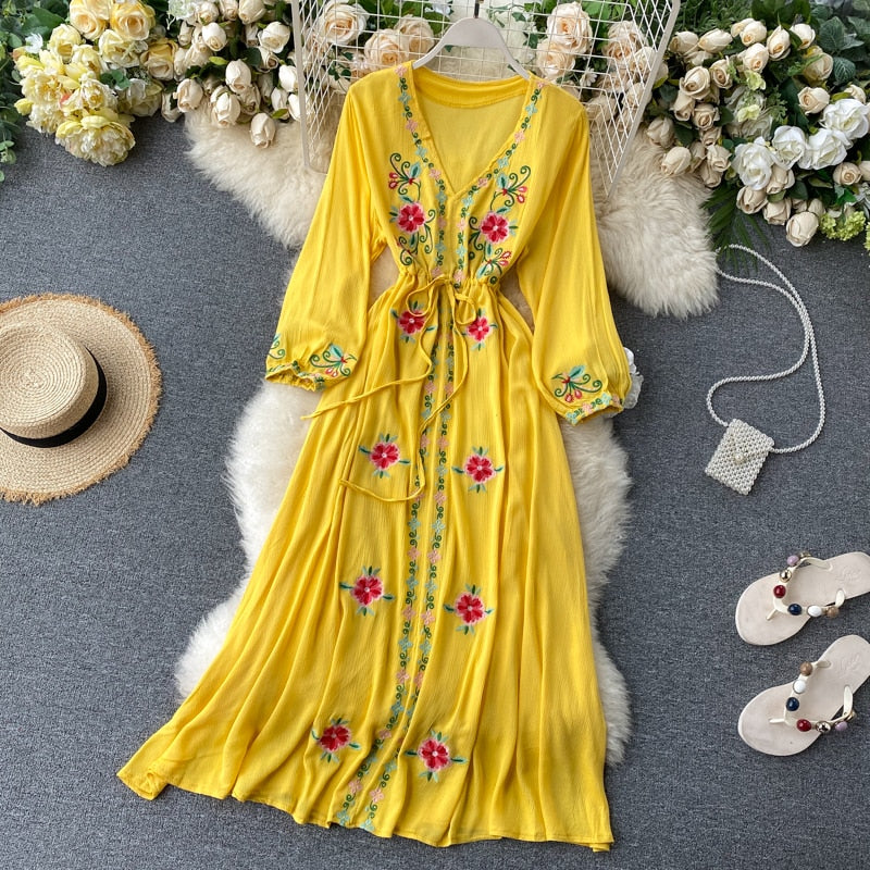 Embroidered V-neck Lantern Sleeve Dress (4 colors)