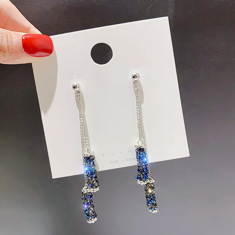 geometric blue column long crystal earrings