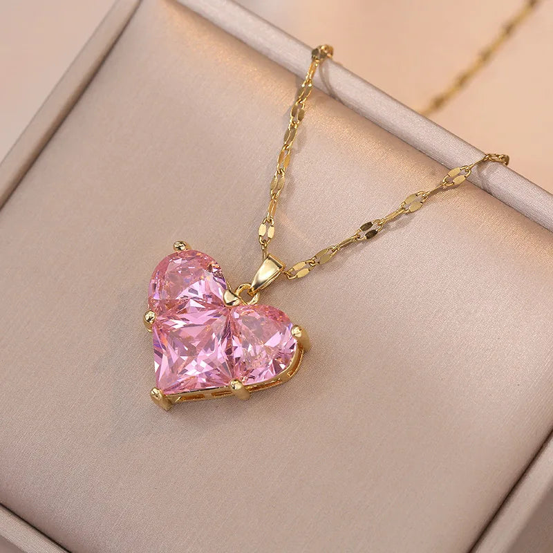 Cute Pink Heart Necklace Earrings Set