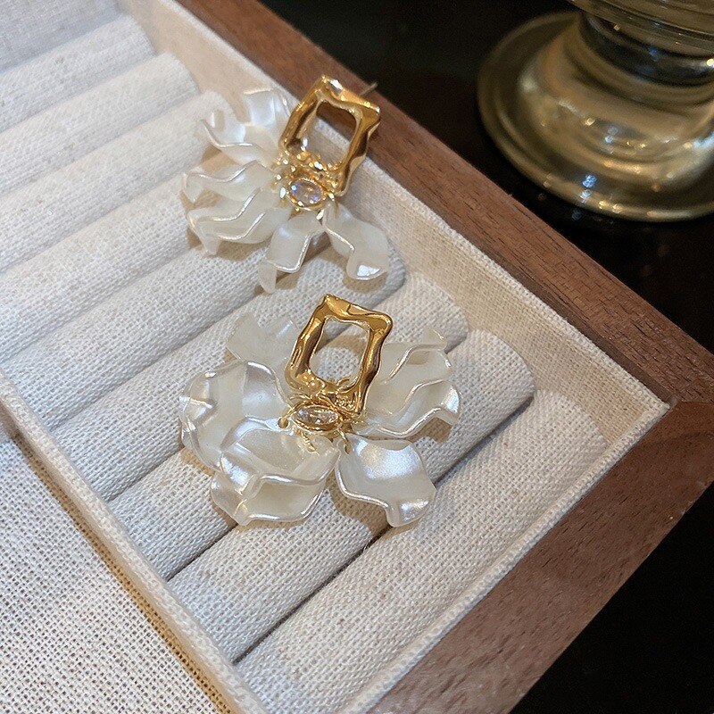 White Pearl Flower Petal Earrings