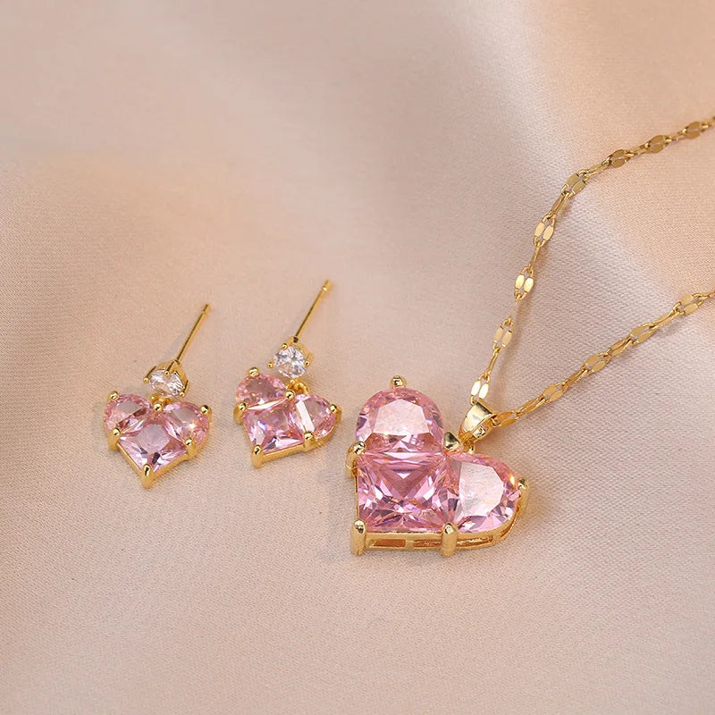 Cute Pink Heart Necklace Earrings Set