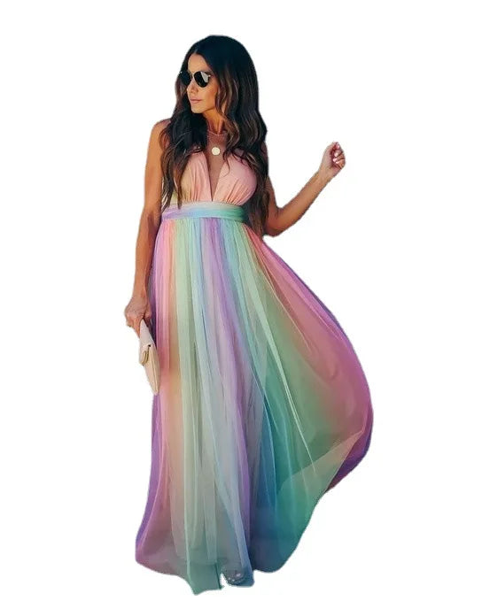 Deep V-neck Rainbow Mesh Dress