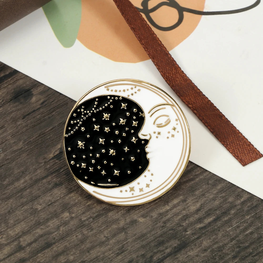 Black White Moon Star Sun Enamel Pins Brooch