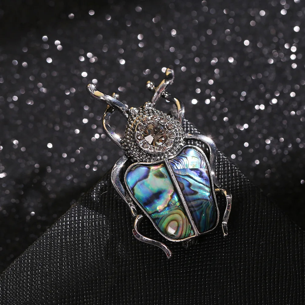 Shell and Rhinestone Beetle Brooch