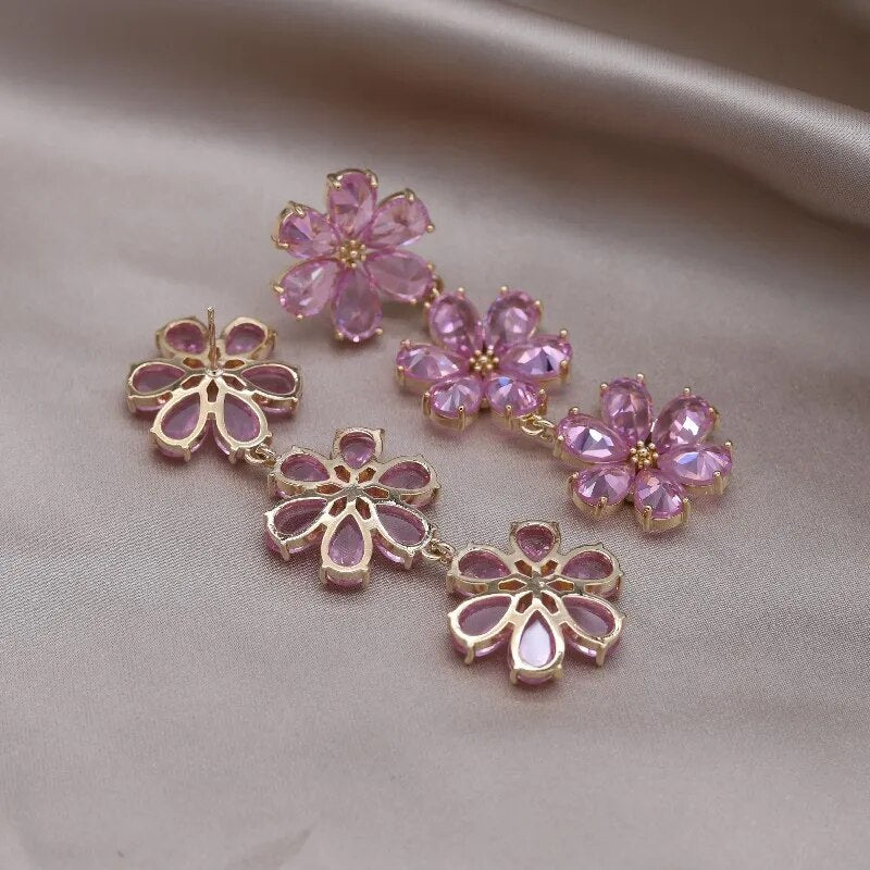 zircon flower earrings (pink/silver)