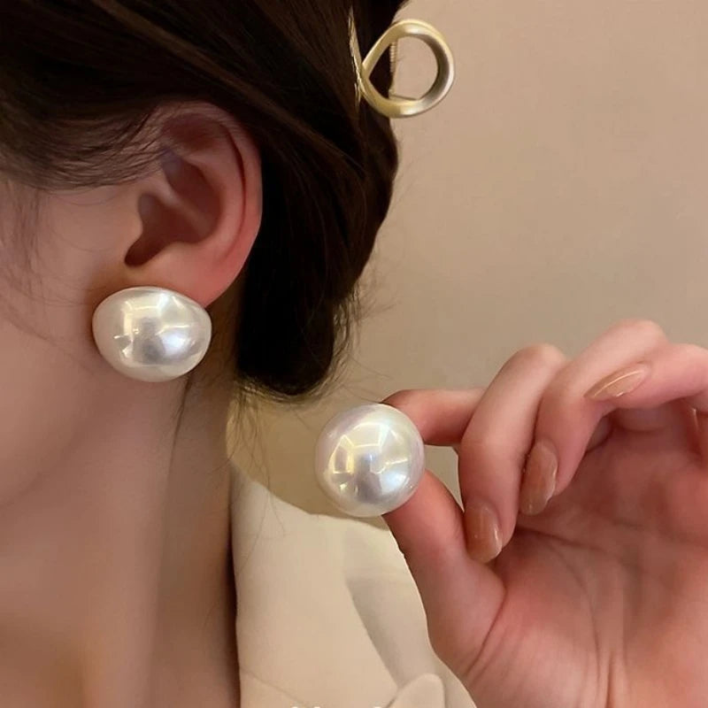 Big Imitation Pearl Round Stud Earrings