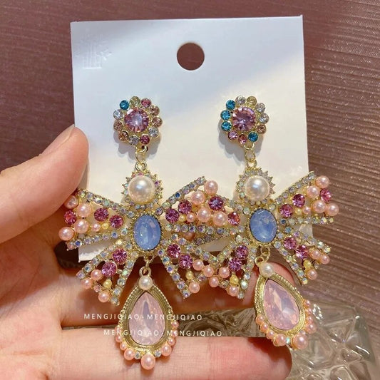 Luxury Pink Rhinestone Bowknot Earrings