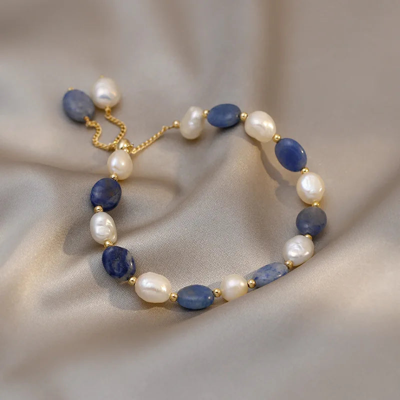 Blue Jade Stone & Baroque Freshwater Pearl Bracelet