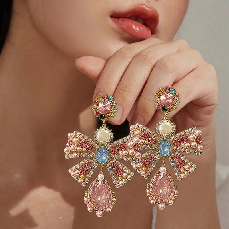 Luxury Pink Rhinestone Bowknot Earrings