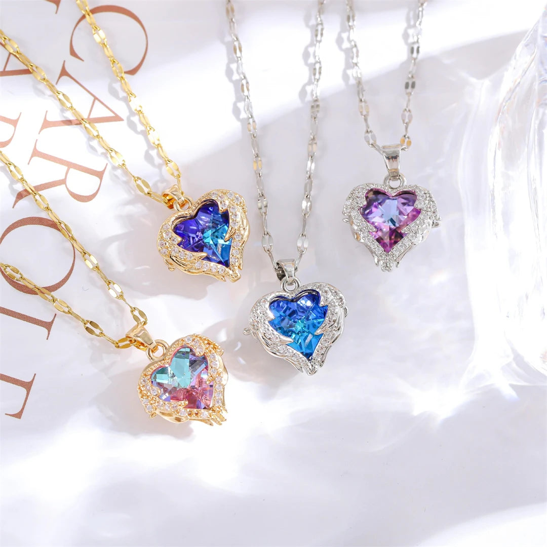 Colorful Crystal Ocean Heart Necklaces