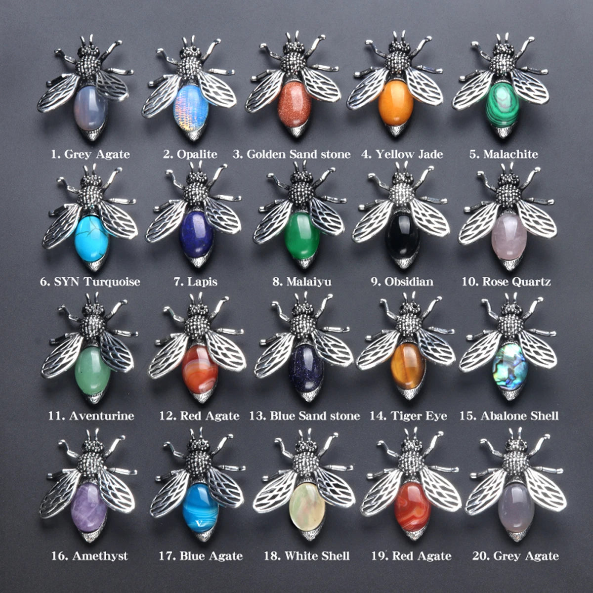 Natural Stone Crystal Insect Brooch