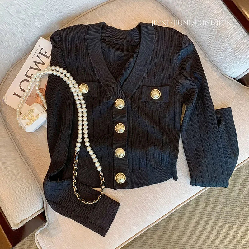 French Gold Button Long-Sleeved Black Cardigan