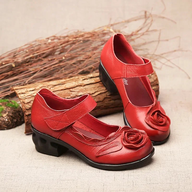 Flower Leather Heels (4 colors)